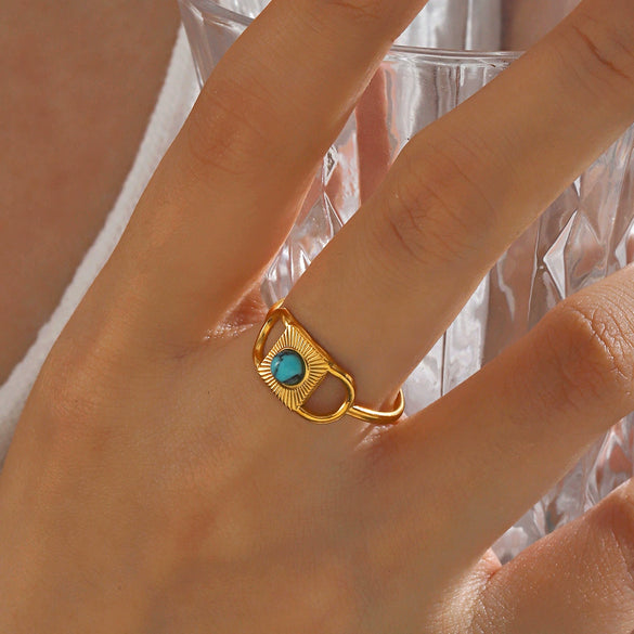 Wholesale Ladies Stainless Steel Geometric Turquoise Open Ring With Electroplating