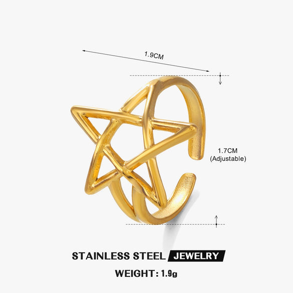 Wholesale Ladies Stainless Steel Goldplated Fivepointed Star Hollow Open Adjustable Ring