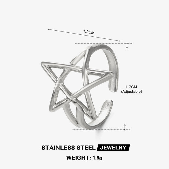 Wholesale Ladies Stainless Steel Goldplated Fivepointed Star Hollow Open Adjustable Ring