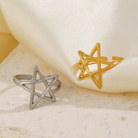 Wholesale Ladies Stainless Steel Goldplated Fivepointed Star Hollow Open Adjustable Ring