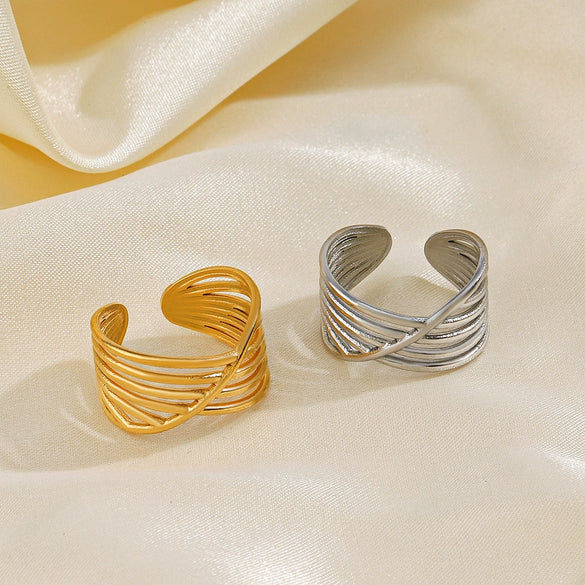 Wholesale Ladies' Stainless Steel Goldplated Geometric Open Ring With Line Cross Design And Electroplating Treatment