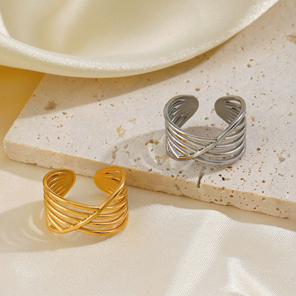 Wholesale Ladies' Stainless Steel Goldplated Geometric Open Ring With Line Cross Design And Electroplating Treatment
