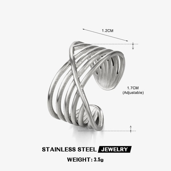 Wholesale Ladies' Stainless Steel Goldplated Geometric Open Ring With Line Cross Design And Electroplating Treatment