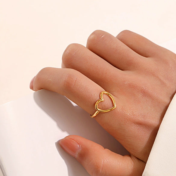 Wholesale Ladies Stainless Steel Heart Shaped Hollow Love Ring With Gold Plated Electroplating And Opening Adjustable Design