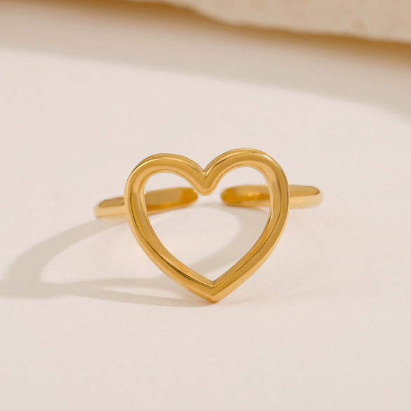 Wholesale Ladies Stainless Steel Heart Shaped Hollow Love Ring With Gold Plated Electroplating And Opening Adjustable Design