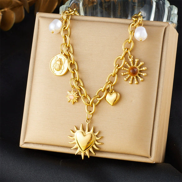 Wholesale Ladies Stainless Steel Heartshaped Pendant Necklace With Electroplating Process And Vintage Design