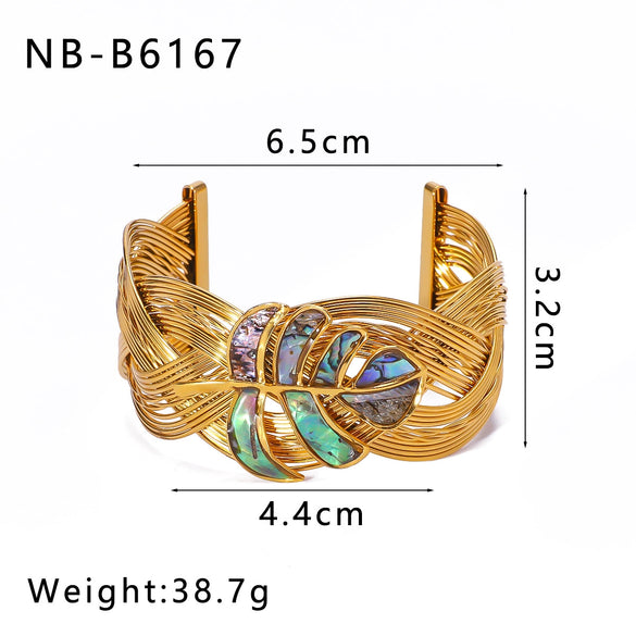 Wholesale Ladies Stainless Steel 18K Gold Plated Exaggerated Opening Bracelet With Leaves Design 18K Furnace Vacuum Plating