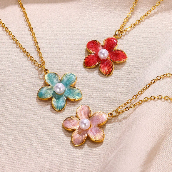 Wholesale Ladies Stainless Steel Oil Drop Flower Pendant Necklace With Electroplating