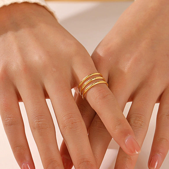 Wholesale Ladies Stainless Steel Open Adjustable Three Layer Line Ring With Geometric Design And Electroplating Treatment