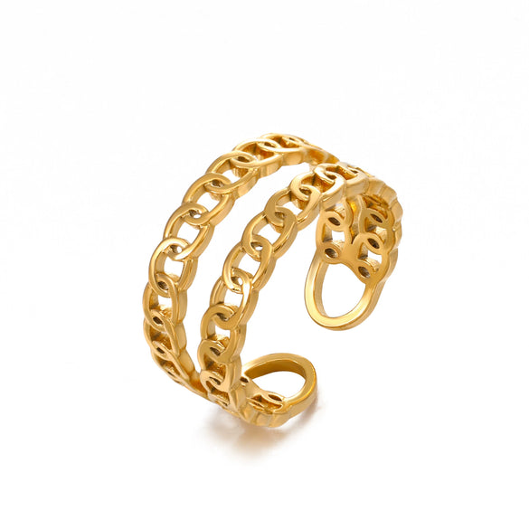 Wholesale Ladies Stainless Steel Ring With Geometric Pattern And Double Chain Opening Adjustable Real Gold Plating
