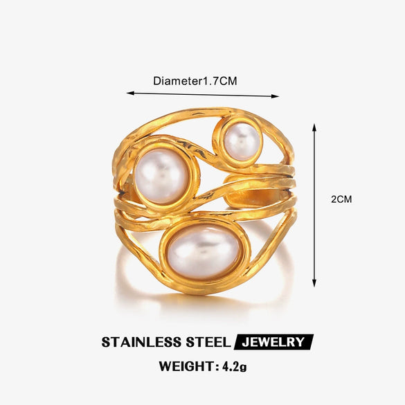 Wholesale Ladies Stainless Steel Ring With Pearl Inlaid Geometric Style 18K Gold Plated Irregular Shape