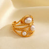 Wholesale Ladies Stainless Steel Ring With Pearl Inlaid Geometric Style 18K Gold Plated Irregular Shape