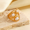 Wholesale Ladies Stainless Steel Ring With Pearl Inlaid Geometric Style 18K Gold Plated Irregular Shape