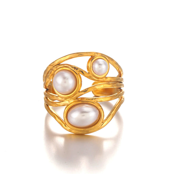 Wholesale Ladies Stainless Steel Ring With Pearl Inlaid Geometric Style 18K Gold Plated Irregular Shape