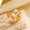 Wholesale Ladies Stainless Steel Ring With Pearl Inlaid Geometric Style 18K Gold Plated Irregular Shape