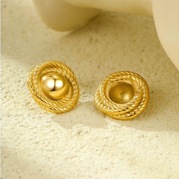 Wholesale Ladies Vintage Stainless Steel And 18K Gold Threaded Texture Round Earrings With Electroplating