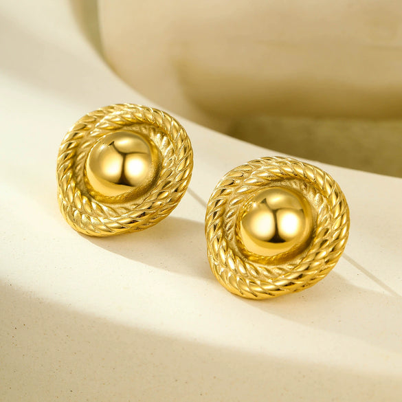 Wholesale Ladies Vintage Stainless Steel And 18K Gold Threaded Texture Round Earrings With Electroplating