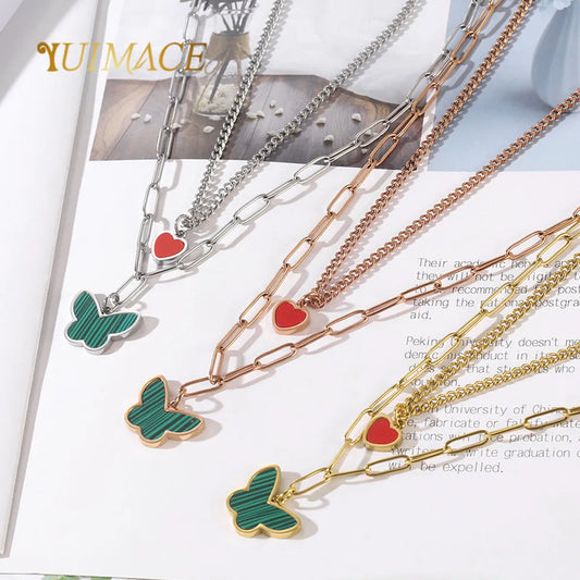 Wholesale Lady Streetwear Heart Shape Butterfly Titanium Steel Plating Layered Necklaces