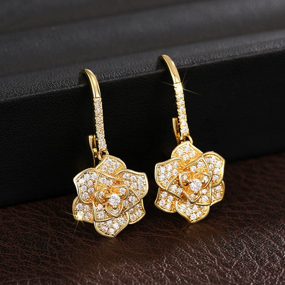 Wholesale Lady's Copper Geometric And Flower Earrings With Microencrusted Diamond Zircon