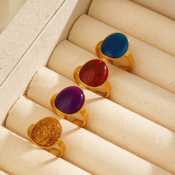 Wholesale Lady's Geometric Oval Oil Drop Open Adjustable Stainless Steel Ring With Electroplating