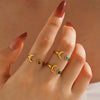 Wholesale Lady's Minimalist Geometric Natural Stone Turquoise Malachite Tiger's Eye Inlaid Stainless Steel Adjustable Ring
