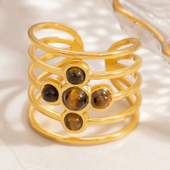 Wholesale Lady's Natural Stone Stainless Steel Geometric Ring With Electroplating Ins Minimalist Style