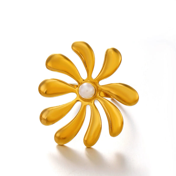 Wholesale Lady's Simple Style Flower Ring Stainless Steel Pearl Electroplated Retro Inlaid