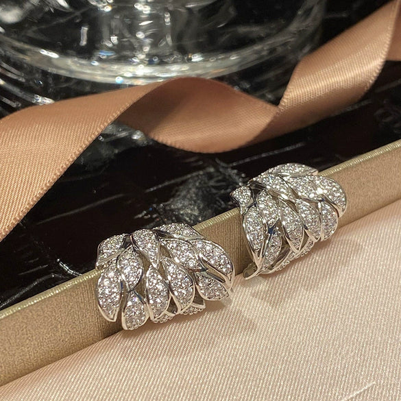 Wholesale Leaf Shaped Copper Inlaid Zircon Electroplated Light Luxury Style Women's Ear Studs Jewelry