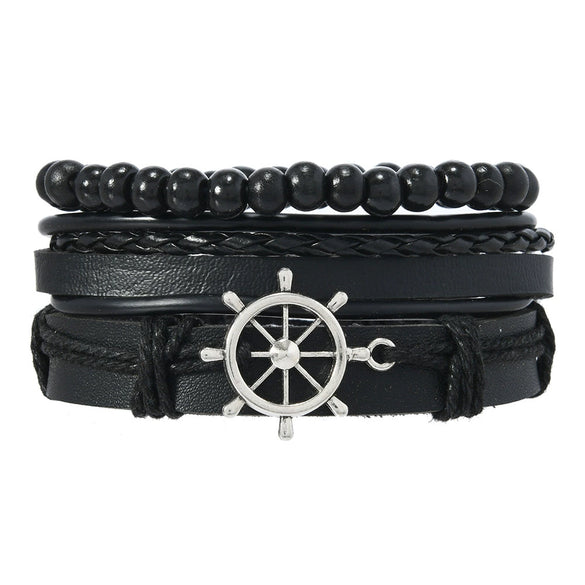 Wholesale Leather Alloy Multilayer Handwoven Threepiece Bracelet Set Retro Vintage Geometric Style