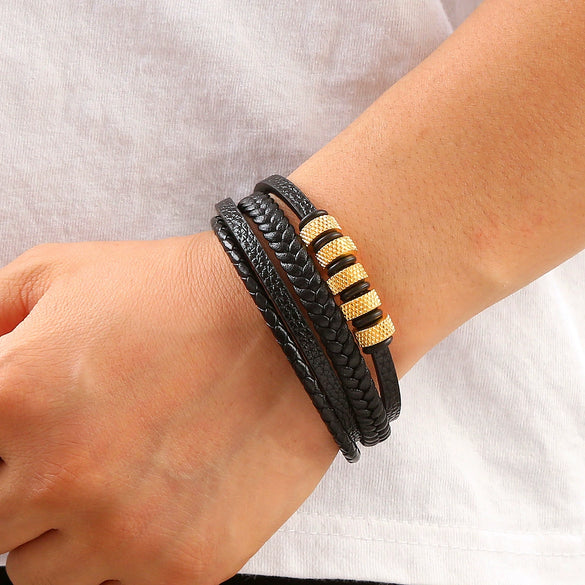 Wholesale Leather And Stainless Steel Handwoven Electroplated Bracelets For Men