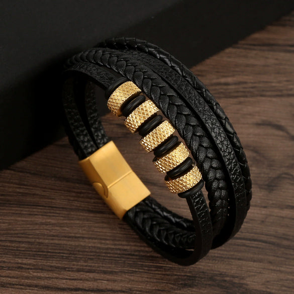 Wholesale Leather And Stainless Steel Handwoven Electroplated Bracelets For Men
