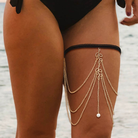 Wholesale Leg Chain Alloy Animal Zodiac Retro Exaggerated Elastic Rope Multilayer Lace Leaf Pearl Gold For Women