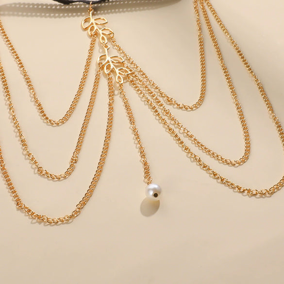 Wholesale Leg Chain Alloy Animal Zodiac Retro Exaggerated Elastic Rope Multilayer Lace Leaf Pearl Gold For Women