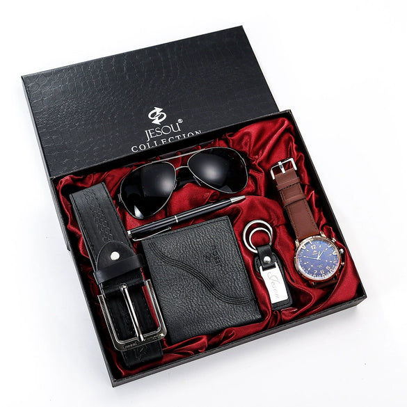 Wholesale Leisure Style Alloy And Imitation Leather Products Set With Round Dial Quartz Watch Glasses Belt Wallet Keychain Pen