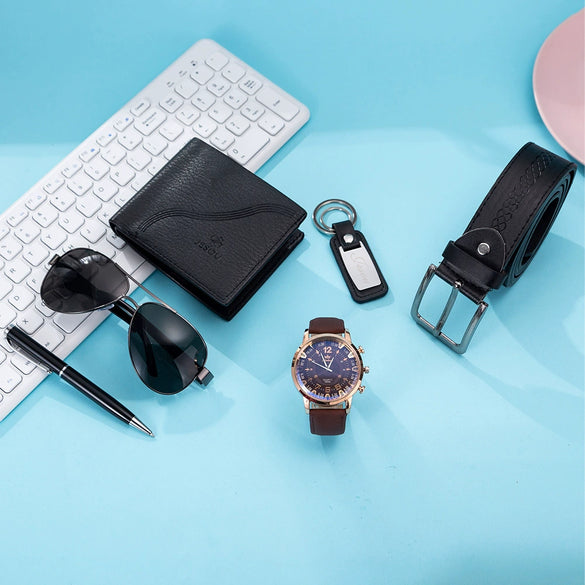 Wholesale Leisure Style Alloy And Imitation Leather Products Set With Round Dial Quartz Watch Glasses Belt Wallet Keychain Pen