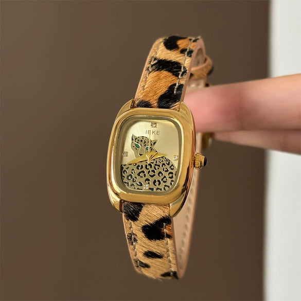 Wholesale Leopard Print Snake Head Design Square Dial Quartz Wristwatch For Women With Super Fiber Strap And Stainless Steel Buckle