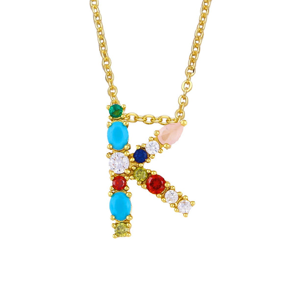 Wholesale Letter Necklace Set With Colorful Zircon And Diamonds Copper 18K Gold Plated Inlaid Zircon Ochain Pendant Necklace