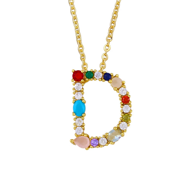 Wholesale Letter Necklace Set With Colorful Zircon And Diamonds Copper 18K Gold Plated Inlaid Zircon Ochain Pendant Necklace
