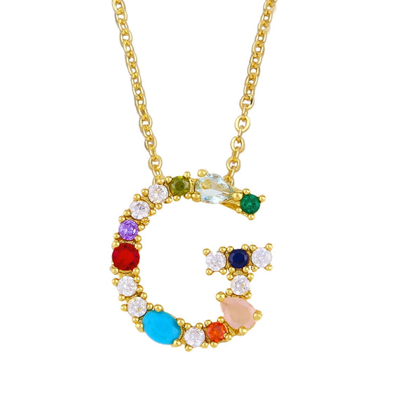 Wholesale Letter Necklace Set With Colorful Zircon And Diamonds Copper 18K Gold Plated Inlaid Zircon Ochain Pendant Necklace