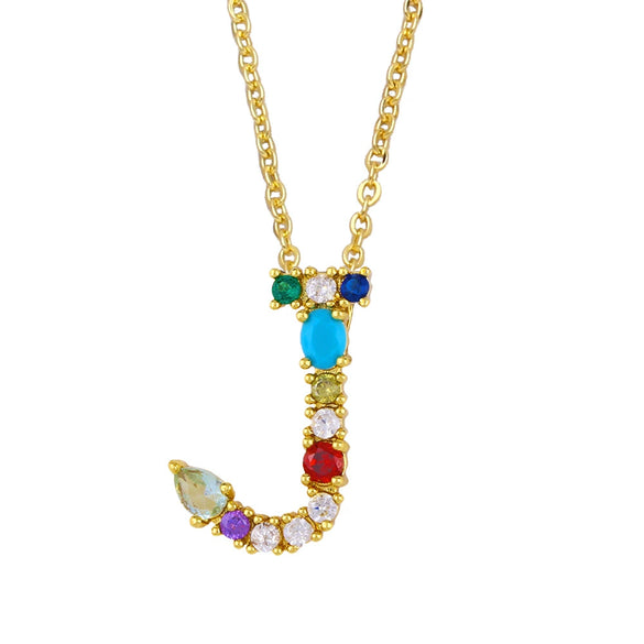 Wholesale Letter Necklace Set With Colorful Zircon And Diamonds Copper 18K Gold Plated Inlaid Zircon Ochain Pendant Necklace