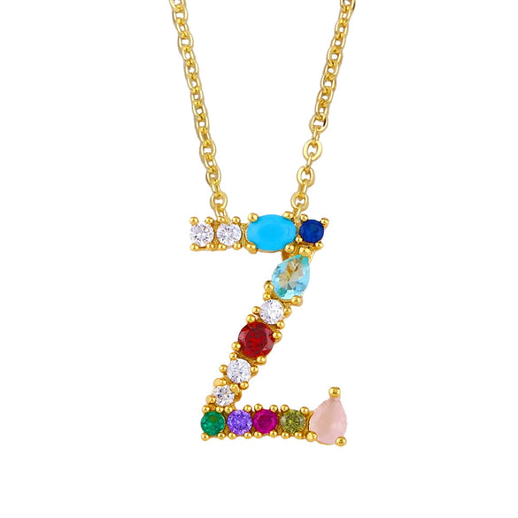 Wholesale Letter Necklace Set With Colorful Zircon And Diamonds Copper 18K Gold Plated Inlaid Zircon Ochain Pendant Necklace