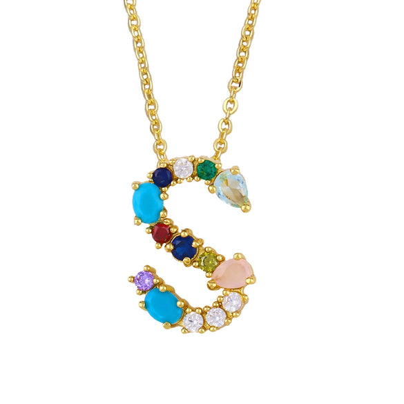 Wholesale Letter Necklace Set With Colorful Zircon And Diamonds Copper 18K Gold Plated Inlaid Zircon Ochain Pendant Necklace