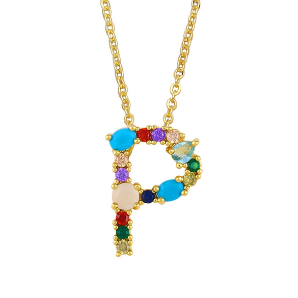 Wholesale Letter Necklace Set With Colorful Zircon And Diamonds Copper 18K Gold Plated Inlaid Zircon Ochain Pendant Necklace