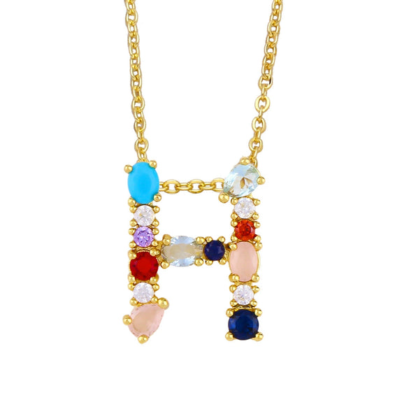 Wholesale Letter Necklace Set With Colorful Zircon And Diamonds Copper 18K Gold Plated Inlaid Zircon Ochain Pendant Necklace