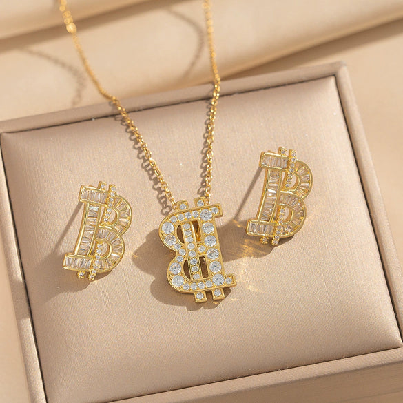 Wholesale Letter Pattern Zircon Inlaid Environmentally Friendly Copper Earrings And Necklaces Set For Women