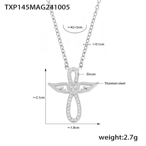 Wholesale Light Luxurious Angel Wings Zircon Titanium Steel Gold Plated Double Layer Necklace And Bracelet Set