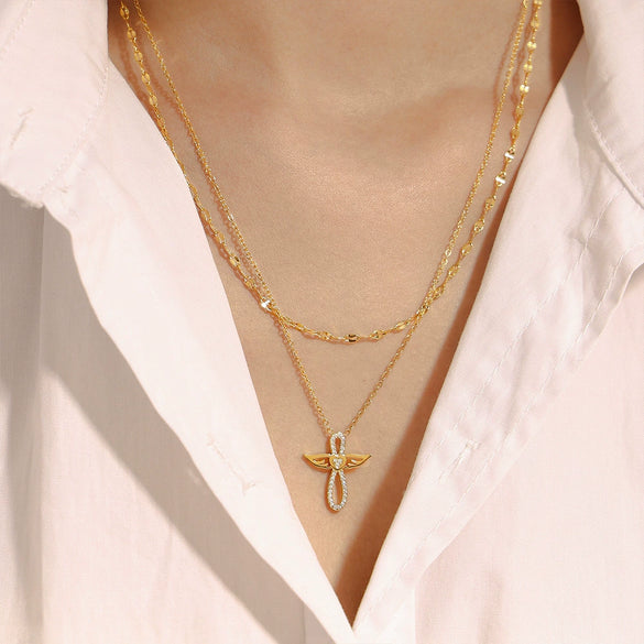 Wholesale Light Luxurious Angel Wings Zircon Titanium Steel Gold Plated Double Layer Necklace And Bracelet Set