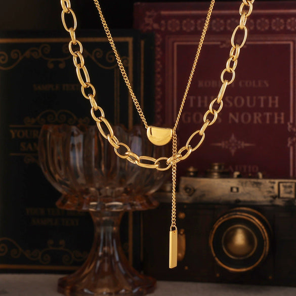 Wholesale Light Luxury Acacia Bean Pendant Double Layer Necklace For Women Stainless Steel Plated 18K Real Gold Geometric Pattern Electroplating Treatment
