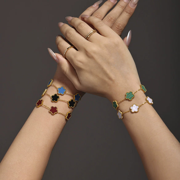 Wholesale Light Luxury Agate Five Leaf Flower Stainless Steel Bracelet With Geometric And Flower Pattern Electroplated