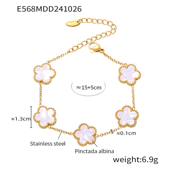 Wholesale Light Luxury Agate Five Leaf Flower Stainless Steel Bracelet With Geometric And Flower Pattern Electroplated